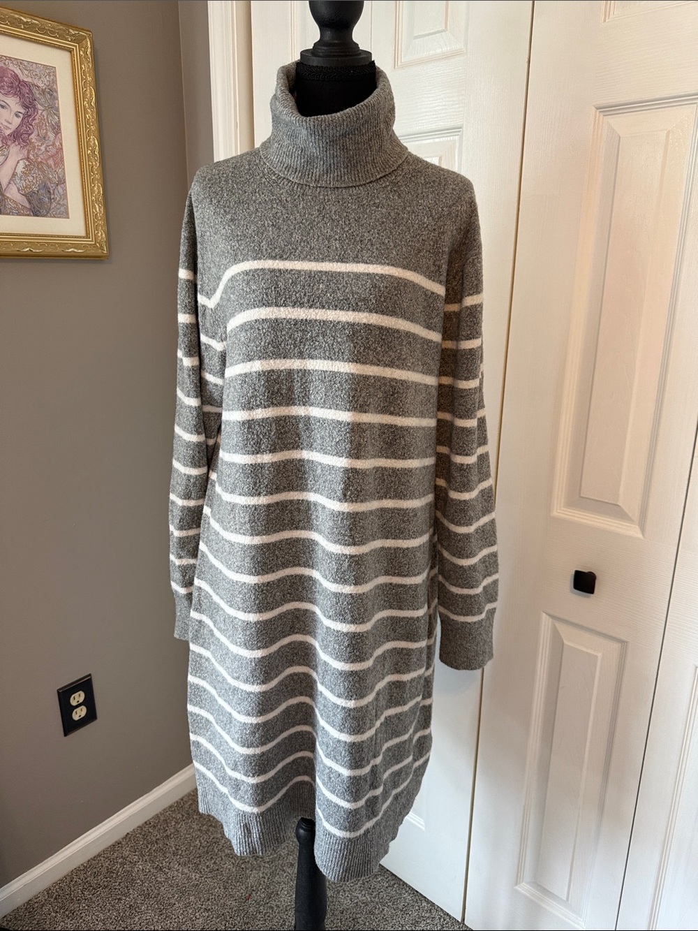 J. Crew Factory Gray and White Striped Turtleneck Sweater Dress